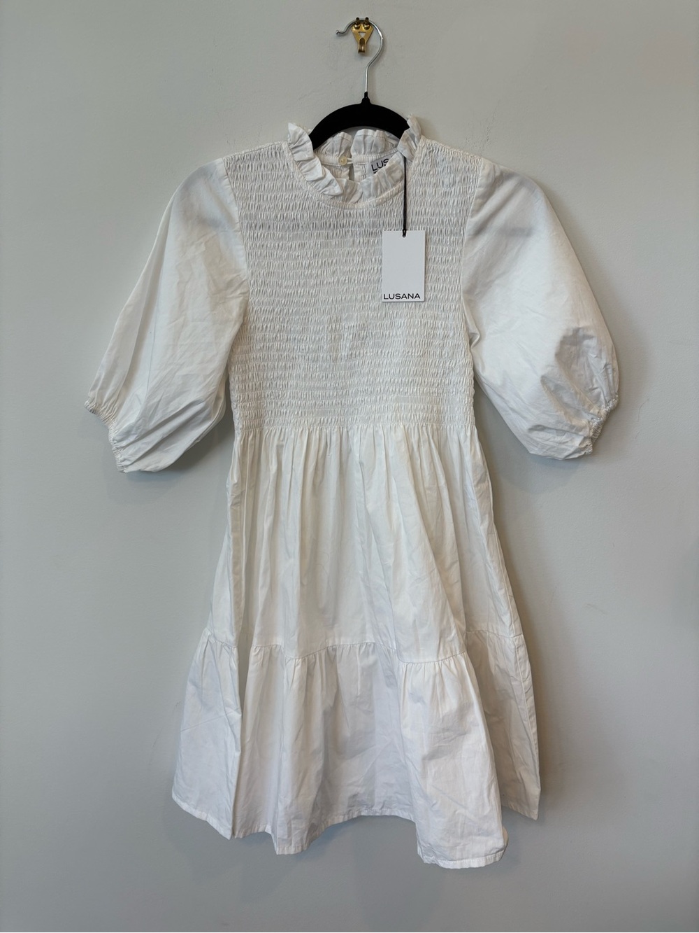 Lusana White Smocked Mini Dress XS nwt